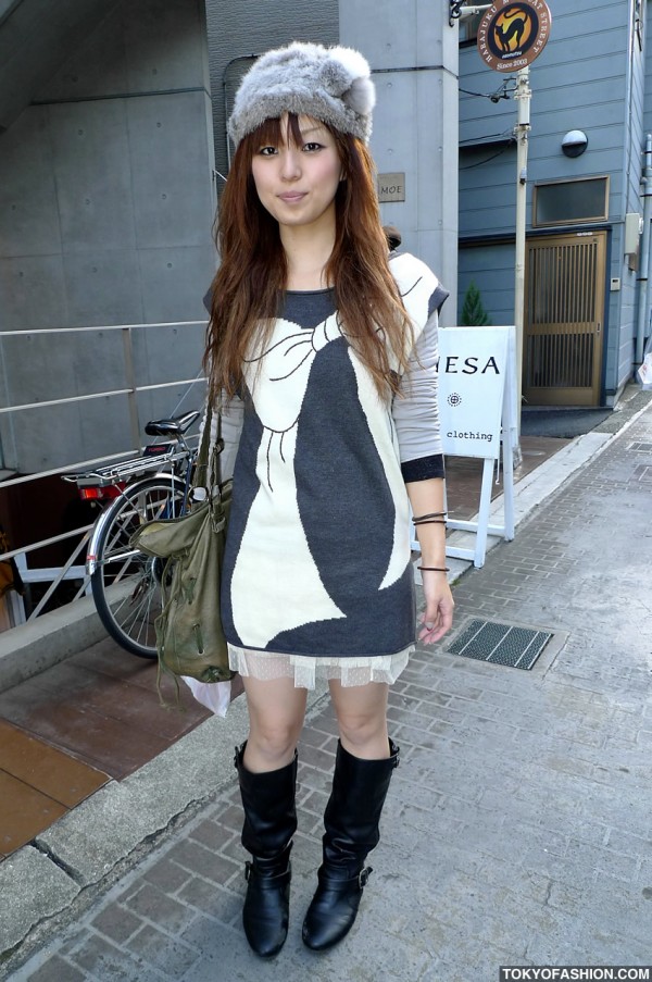Japanese Girl in Fur Hat & Sweater Dress