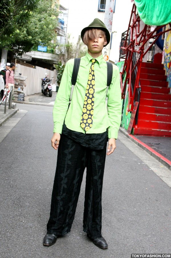 Smiley Faces Tie & Green Fedora in Harajuku