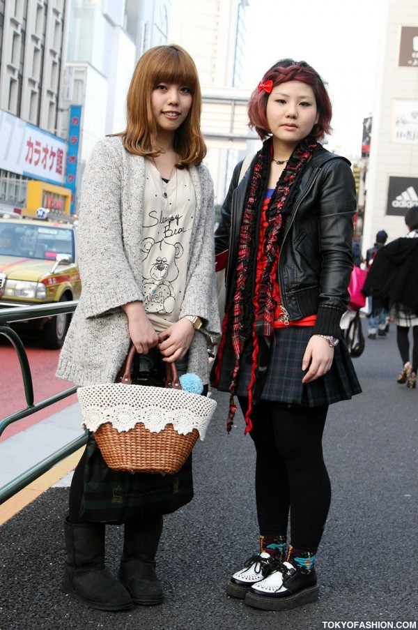 Red Hair, Leather Bomber & Pleated Skirt in Harajuku