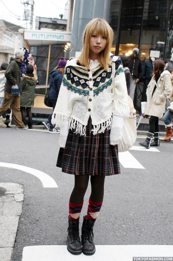 Blonde Japanese Girl in Argyle Socks & Knit Parka