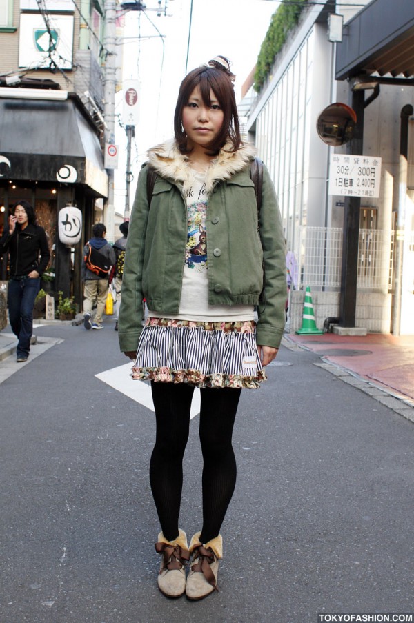 Ruffled Skirt & Fur Ankle Boots in Harajuku