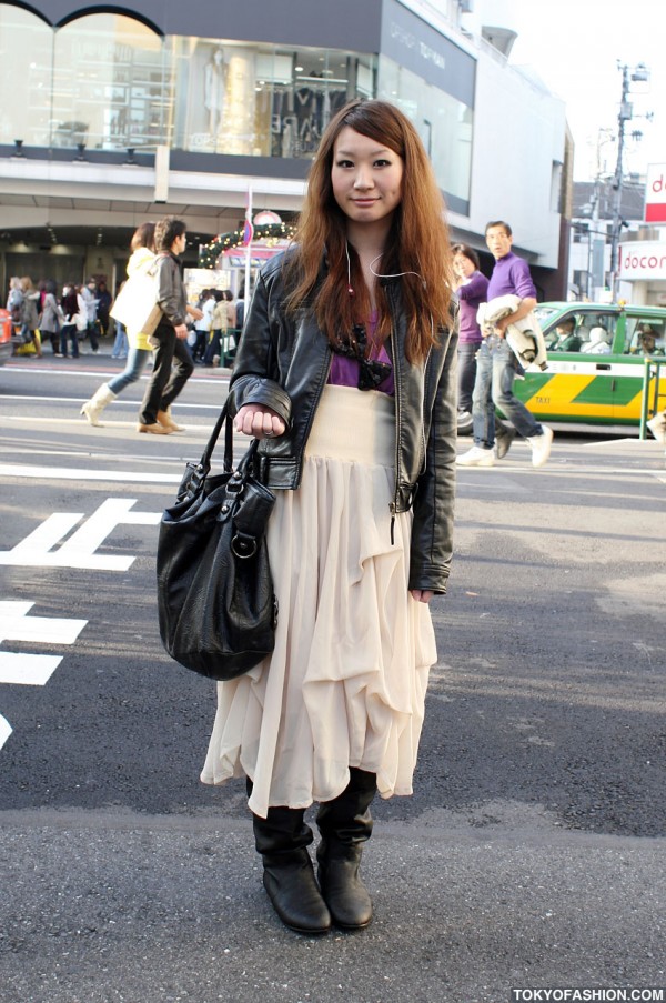 High Waisted Skirt & Leather Jacket in Harajuku