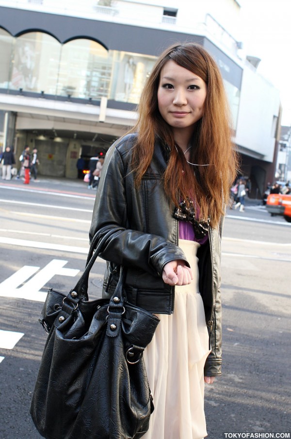 Leather Jacket & Black Handbag