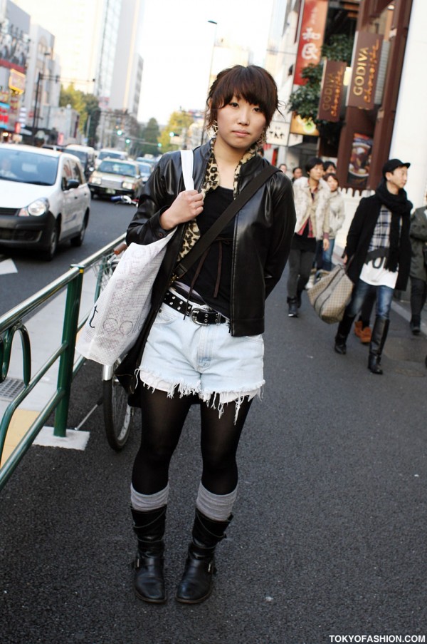 Japanese Girl in Cut Off Shorts & Leather Jacket