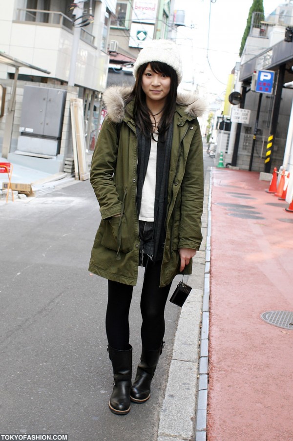 Japanese Mods Coat & White Beanie Girl in Harajuku