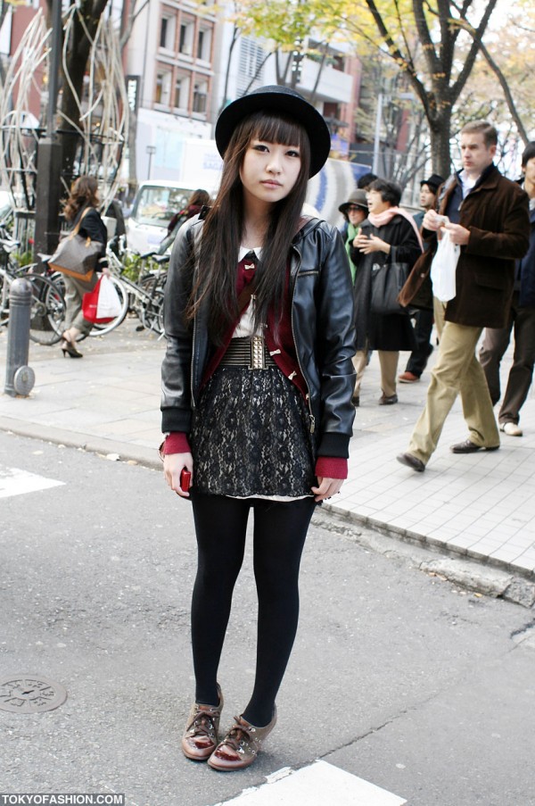 Japanese Girl in Leather Bomber Jacket & Lace Skirt