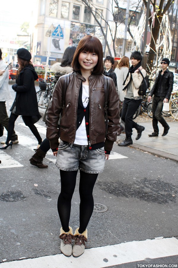 Leather Bomber Jacket & Jean Shorts in Harajuku