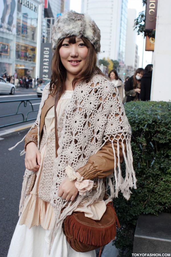 Japanese Girl in Crocheted Scarf