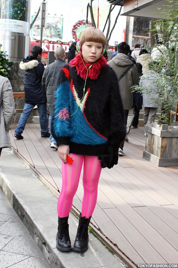 Pretty in Pink Striped Tights & Short Hair in Harajuku