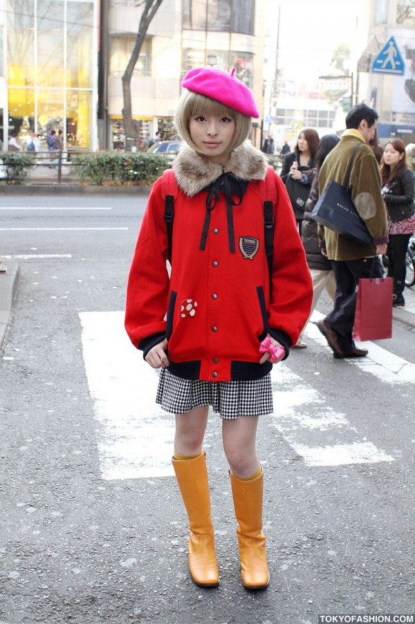 Pink Beret & Red Jacket in Harajuku