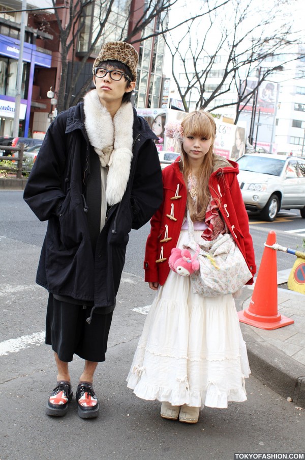 Red Duffle Coat & Leopard Print Hat in Harajuku