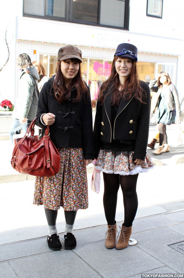 Two Smiley Japanese Girls in Hats in Harajuku