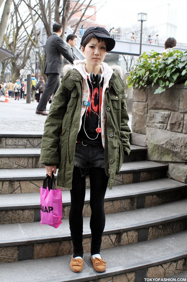 Girl in Military Coat w/ HellcatPunks Bag in Harajuku