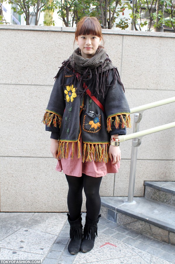 Japanese Girl Fringe Boots, Sweater & Scarf in Tokyo