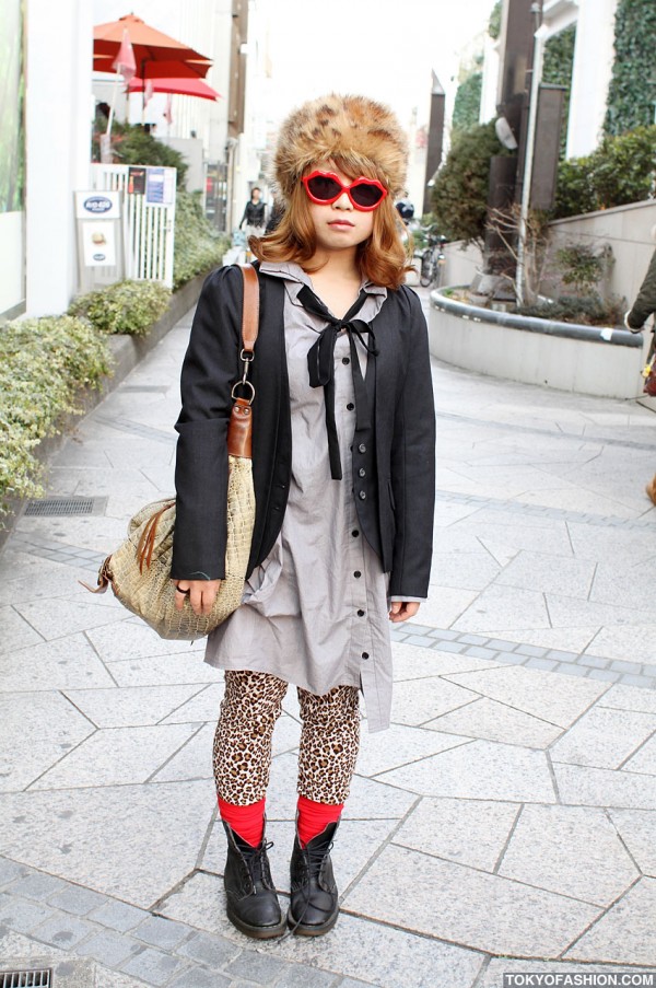 Girl in Russian Fur Hat & Lip Sunglasses in Harajuku