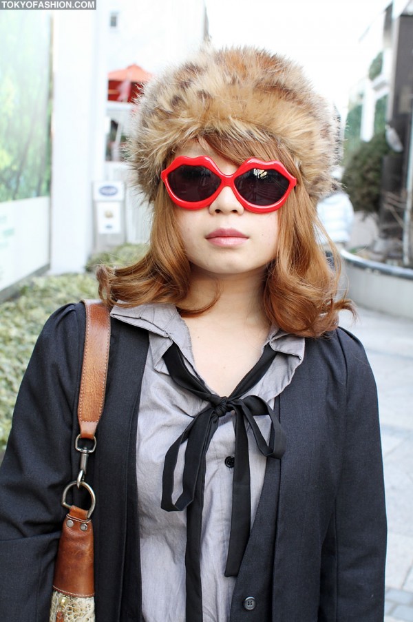 Russian Fur Hat & Lip Shaped Sunglasses