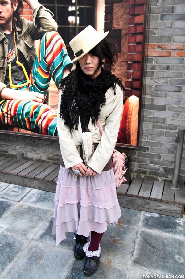 Japanese Girl in Straw Hat & Long Tiered Skirt