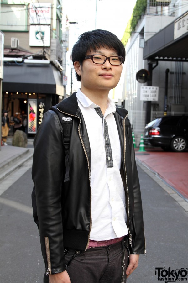 Japanese guy with glasses and black leather jacket