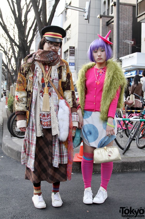 Purple Hair, Pink Hat & Layered Fashion in Harajuku