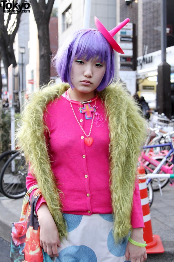 Japanese girl in pink with purple hair