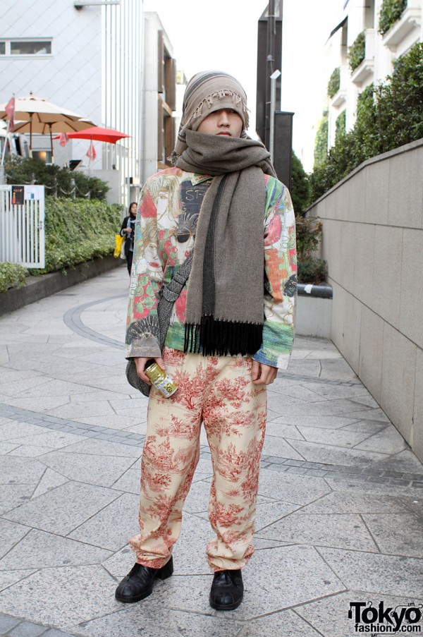 Japanese Guy in Vintage Print Jacket & Toile Pants