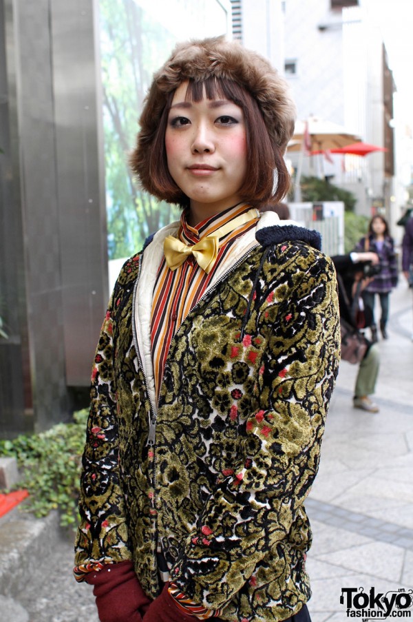 Cute Japanese girl in plush brocade jacket