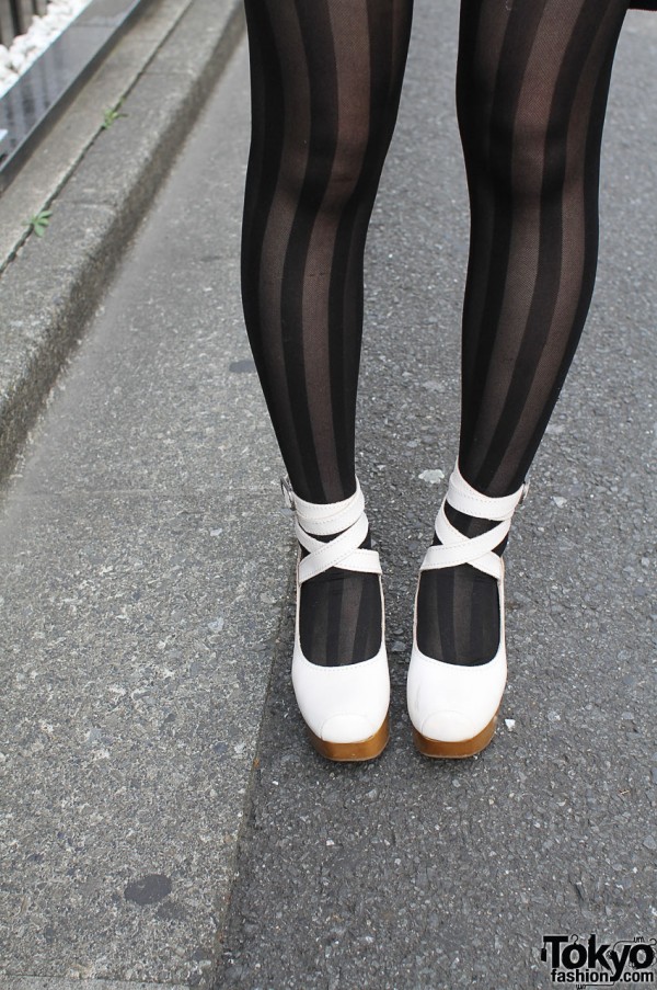 Black striped stockings and Jane Marple shoes