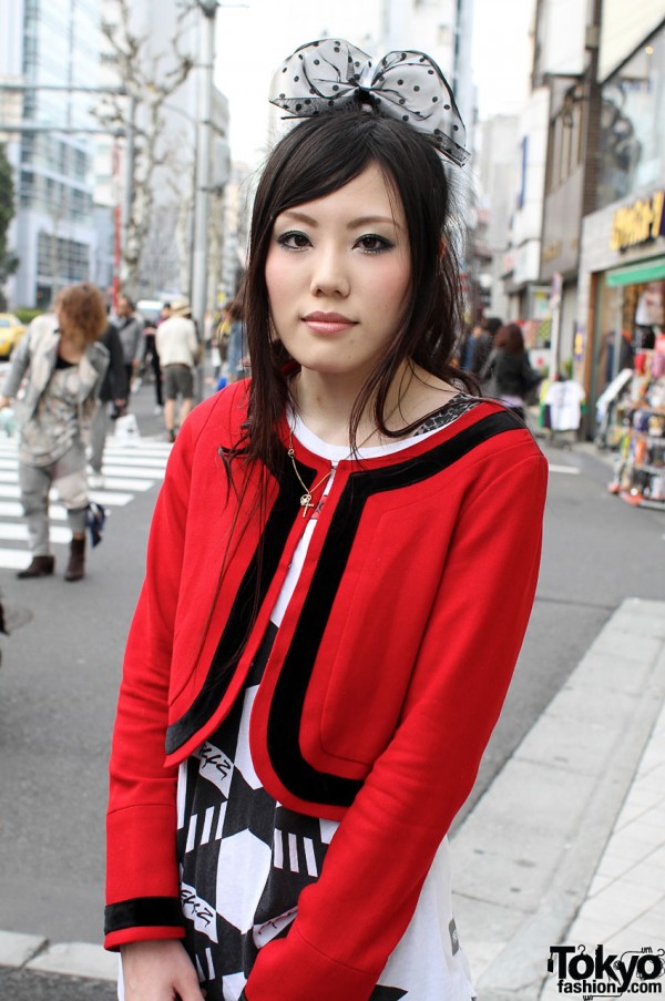 Red & black bolero with polka dot hair bow