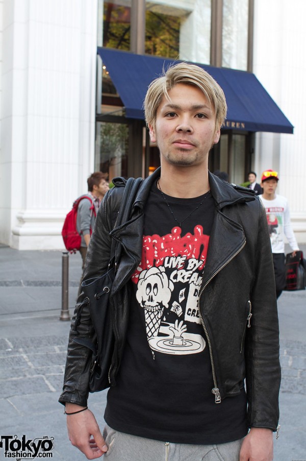 Blonde guy with Insight t-shirt and leather jacket