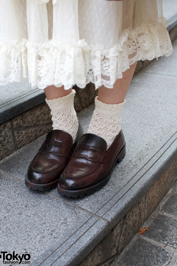 Lace anklets and brown penny loafers