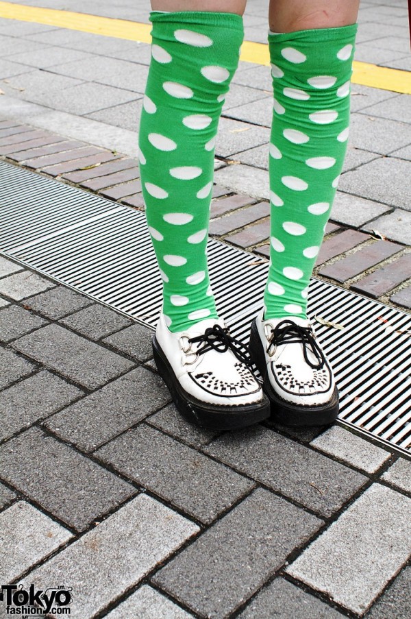 Black and white shoes with polka dot socks