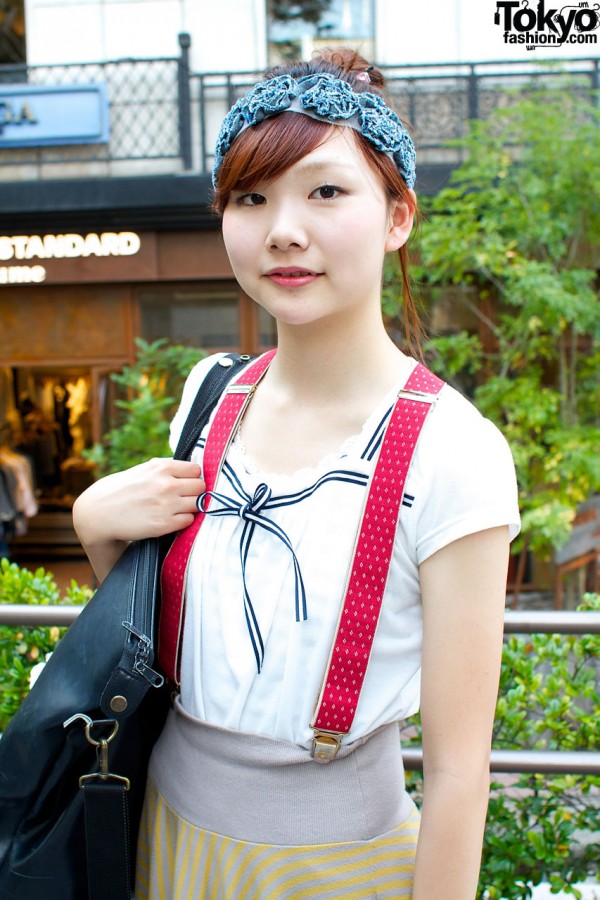 Red suspenders & white shirt with blue ribbon