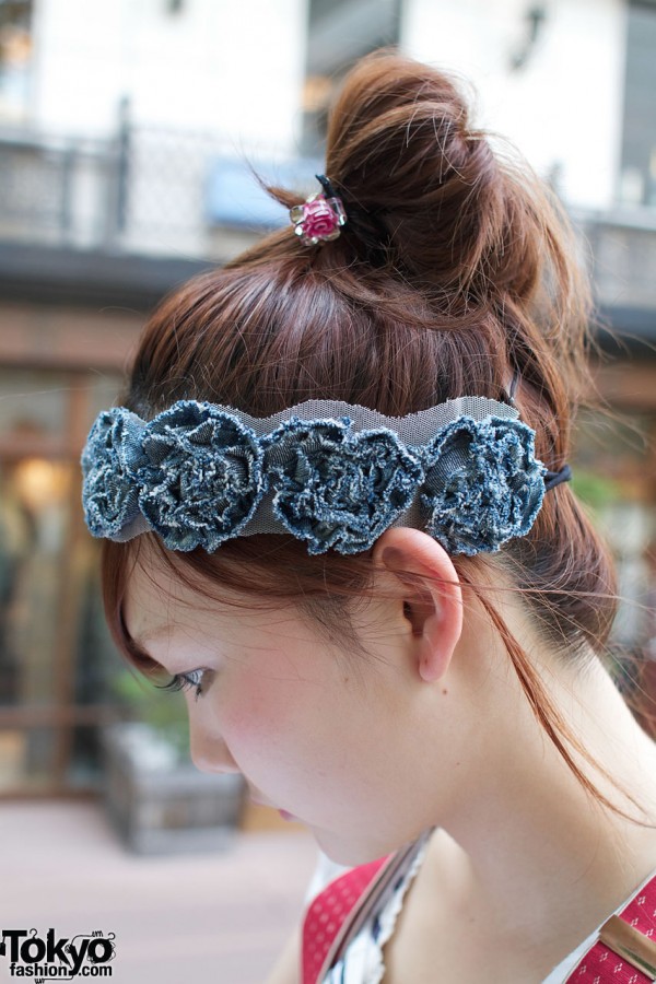 Blue headband with fabric rosettes