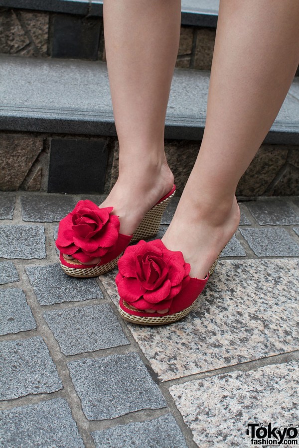 Red shoes with fabric roses from Takeshita Dori
