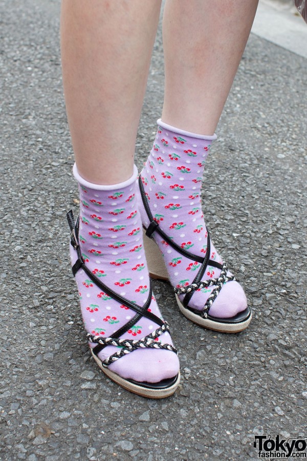 Lilac cherry socks & platform sandals