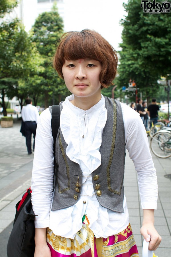 Ruffled shirt & gray vest from Hanjiro resale store