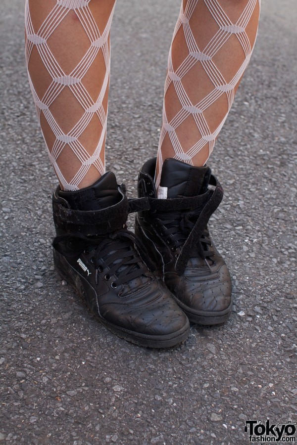 White fishnets & black Puma shoes