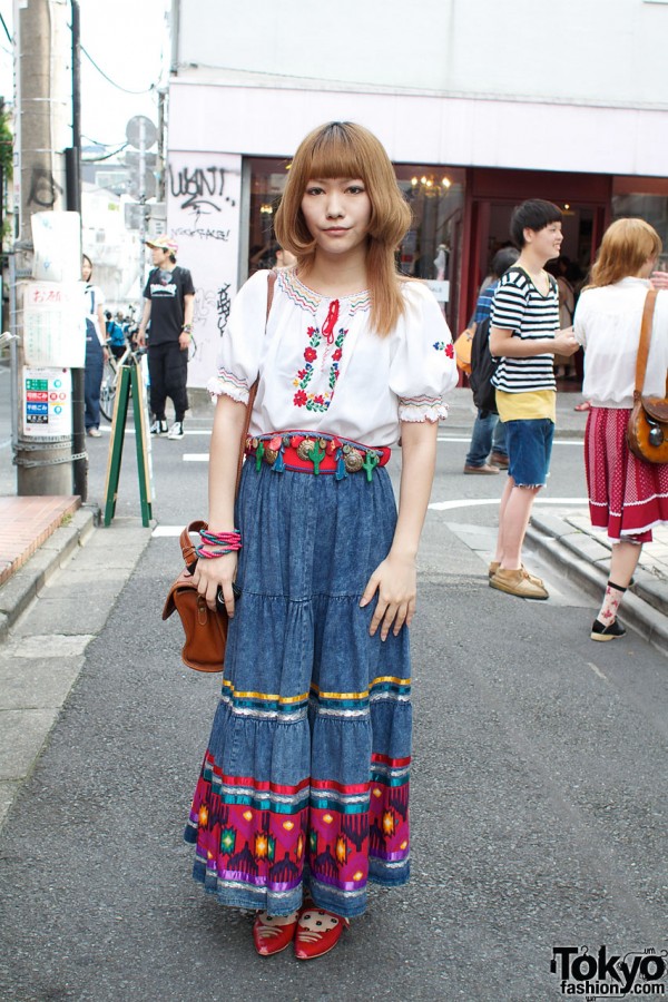 Layered Hair, Peasant Blouse & Long Denim Skirt