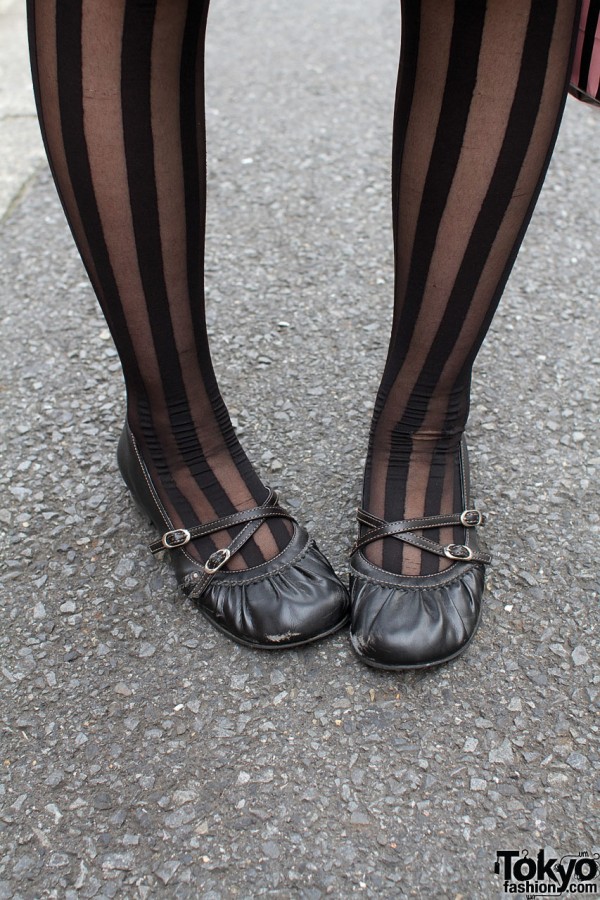 Striped black sockings & leather flats