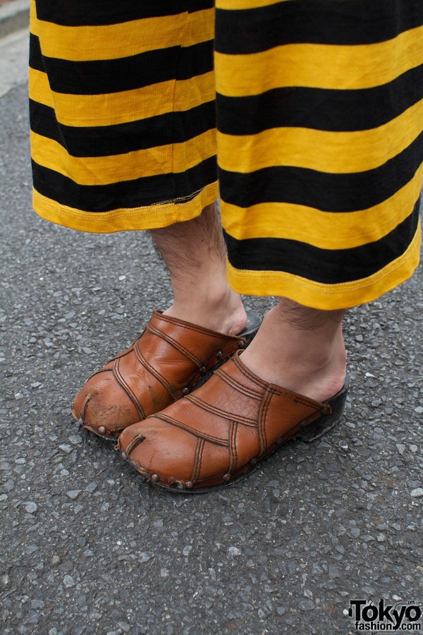 Striped pants & patchwork leather clots