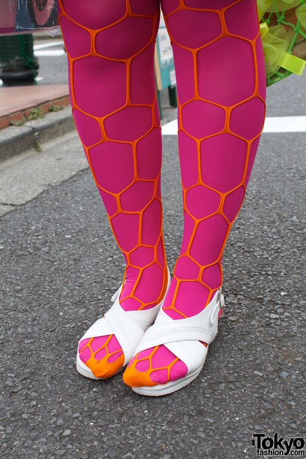 White sandals, fuchsia tights & orange fishnets