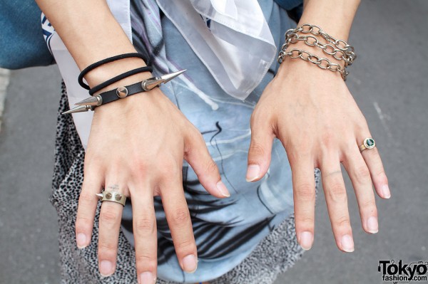 Spiked bracelet, silver chain & rings