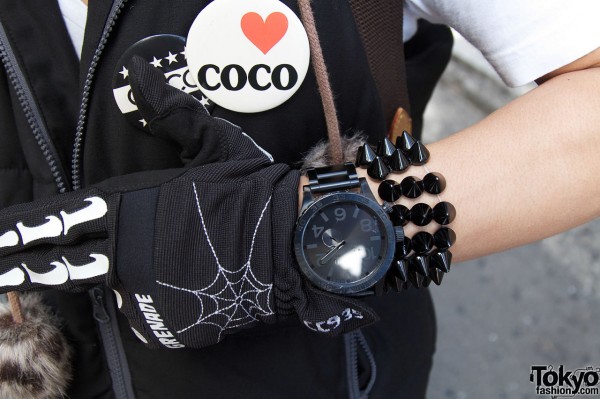 Coco button, Nixon watch & spiked wristband