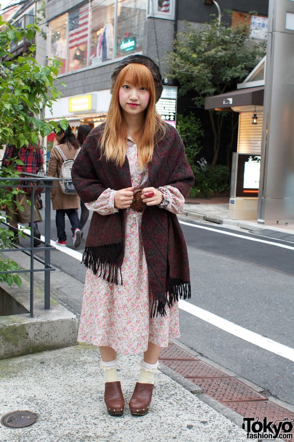 Japanese Girl in Fur Hat, Sabots & Shawl