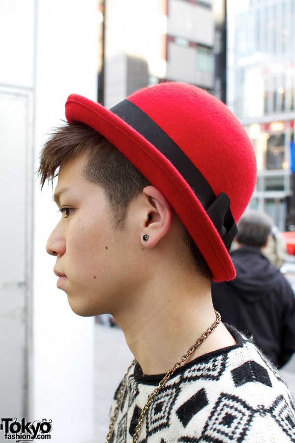 Red hat & stud earrings