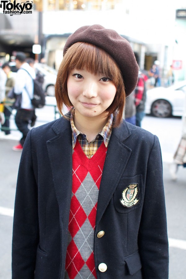 Blazer with crest & diamond-pattern sweater