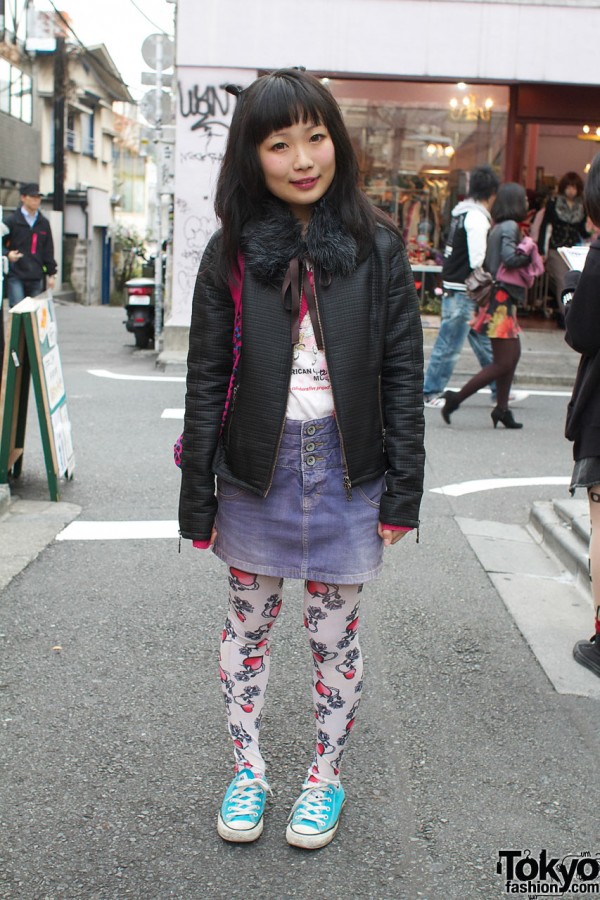 Girl with Fur Collar, Print Tights & Barbie Bag