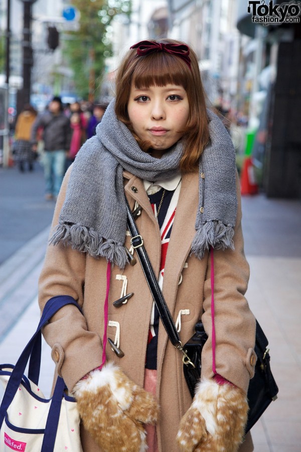 Gray scarf & camel duffel coat with toggles