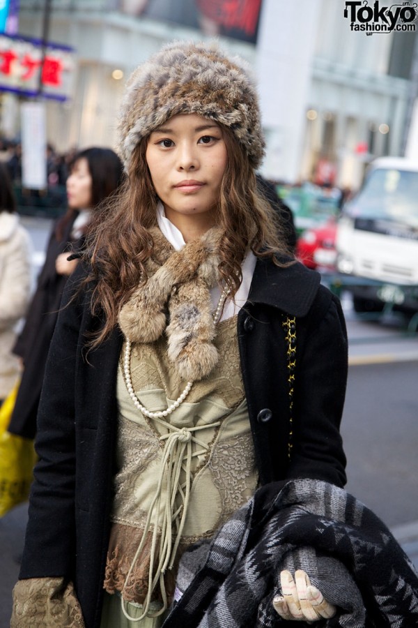 Fur hat, vintage top & black overcoat