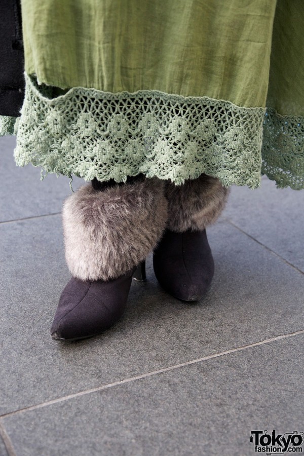 Fur-trimmed boots & vintage skirt